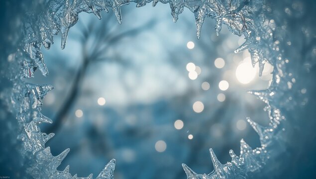 Frozen icicle frame with soft bokeh lights in winter forest - Powered by Adobe