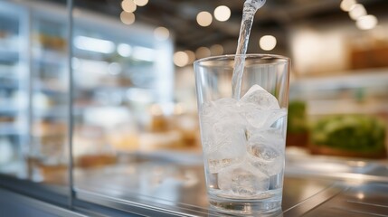 A modern fridge with built-in water filter dispensing chilled, purified water as ice cubes clink into a glass &mdash; kitchen appliance innovation, everyday hydration, and convenience-forward design.