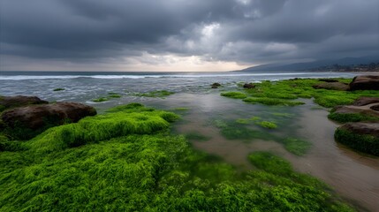 Dramatic stormy clouds loom over a vibrant green algae covered rocky coastline with ocean waves