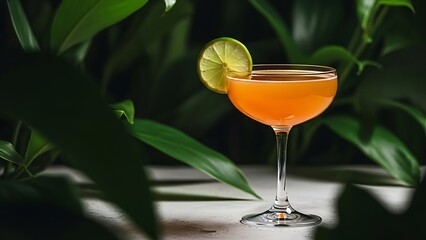 Refreshing orange cocktail garnished with lime slice amidst lush greenery