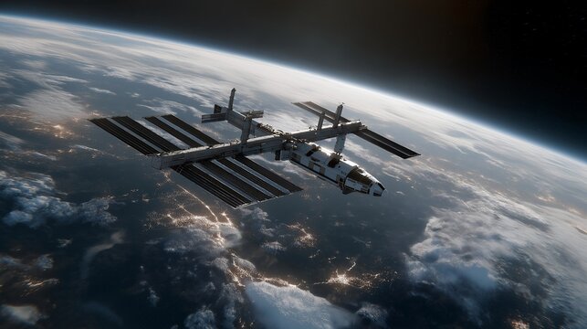 A space vessel drifting above Earth&rsquo;s atmosphere, solar panels extended wide as astronauts view the glowing curvature of the planet below &mdash; space exploration imagery, orbital science, and