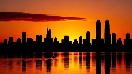 Vibrant sunset silhouettes a modern city skyline reflected in water
