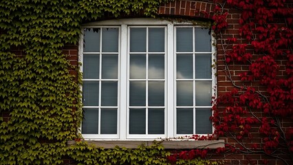 Old window surrounded by autumn foliage on brick wall