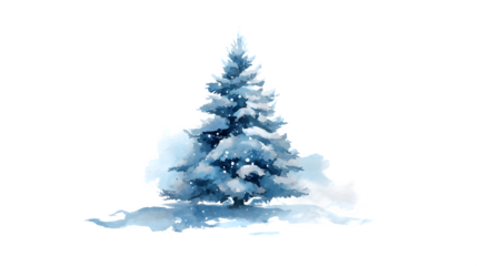 Snowy watercolor Christmas tree illustration with soft blue tones isolated on white background