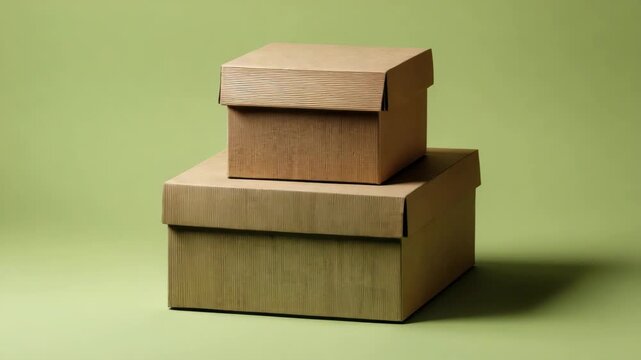 Two Brown Boxes Stacked on Top of Each Other With a Green Background and Neutral Lighting Revealing Textures and Subtle Shadows in Studio Setting