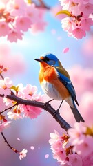 Vibrant Bluebird Perched on Cherry Blossom Branch in Spring.