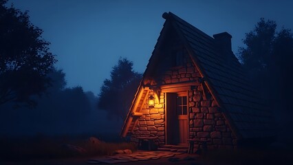 Cozy wooden cabin lit by lantern in a dark forest