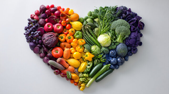 Heart shaped fruits and vegetables rainbow colors