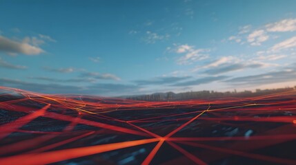 Abstract digital network of glowing red and orange lines spread across a landscape under a golden hour sky with clouds