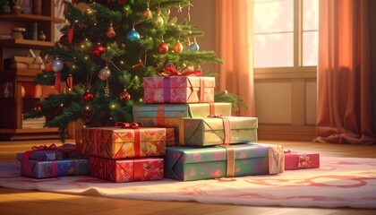 Obraz premium Feel the magic of Christmas morning with exquisitely wrapped gifts nestled beneath a beautifully decorated tree, creating a warm and inviting atmosphere for cherished holiday memories
