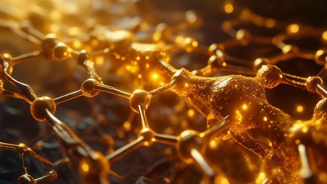 Close up macro view of golden sugar molecules binding to collagen fibers illustrating advanced glycation end-products damage in a medical science