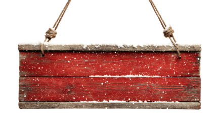 Rustic red wooden Christmas signboard with snow dusting isolated on white background