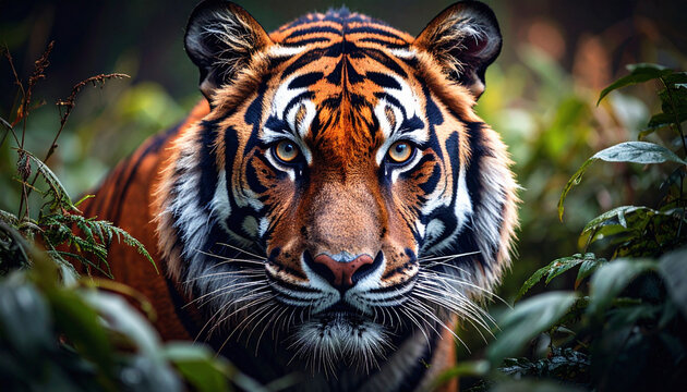 World Wildlife Day scene, global biodiversity a majestic wild animal tiger in its natural habitat, lush greenery, warm natural light. Nature protection, beauty of wildlife. - Powered by Adobe