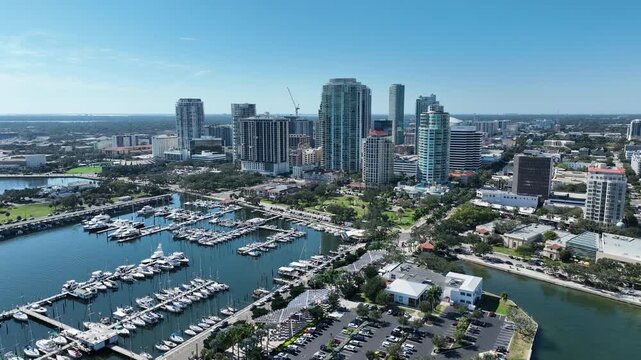 Flying Above The St. Pete Pier District In St. Petersburg, Florida, United States. Aerial Drone Shot