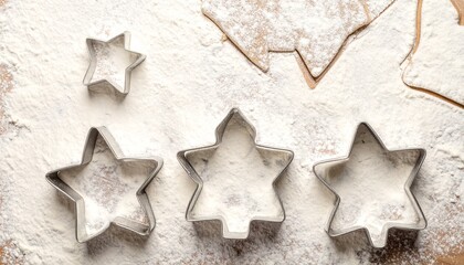 Festive star cookie cutters and gingerbread shapes dusted with flour create a cozy holiday baking scene, perfect for Christmas recipes and family traditions, evoking warmth and delicious treats