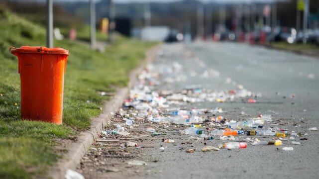 Trash Overflowing from Orange Receptacle onto Roadside with Green Grass and Vehicles in Blurred Background Under Daylight
