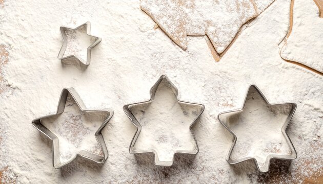 Festive star cookie cutters and gingerbread shapes dusted with flour create a cozy holiday baking scene, perfect for Christmas recipes and family traditions, evoking warmth and delicious treats - Powered by Adobe