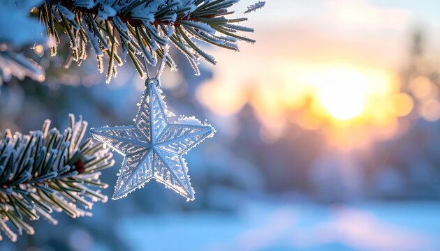 Capture the magic of the season with this frosted star ornament delicately hanging from a snow-kissed evergreen branch, radiating warmth and holiday cheer with a soft, sunlit glow - Powered by Adobe
