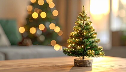 Celebrate the season with a charming miniature Christmas tree twinkling with warm lights, evoking feelings of joy, peace, and holiday cheer, ideal for festive decor and seasonal promotions