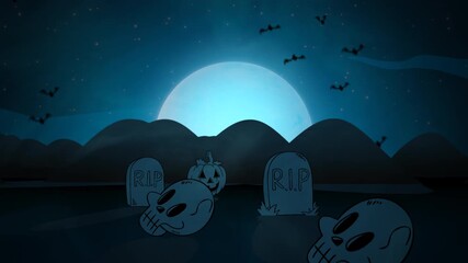 spooky night cemetery, eerie nocturnal graveyard filled with flying bats and fog