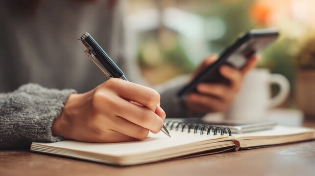Person Writing in Notebook While Using Smartphone in Café Setting