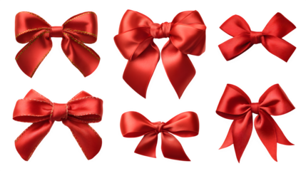 Red satin bows collection with loops and ribbon tails isolated on white background