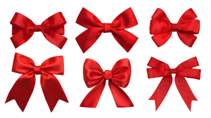 Red satin bows collection with loops and ribbon tails isolated on white background