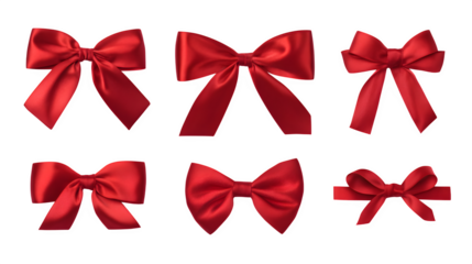 Red satin bows collection with loops and ribbon tails isolated on white background