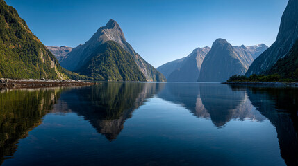 Naklejka premium Serene lake reflects towering mountains under a clear blue sky in a tranquil landscape view