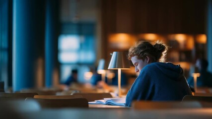 Student is deeply engaged in reading, studying at spacious library table, surrounded by soft lamp light. Scene highlights dedication, solitude, academic motivation in serene environment