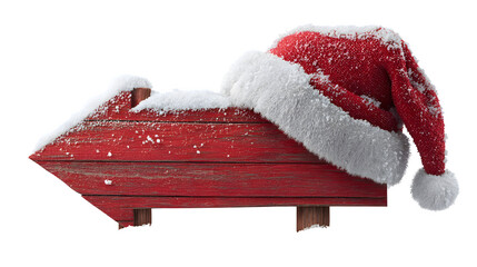 Red wooden arrow signboard decorated with snow and Santa hat isolated on white background