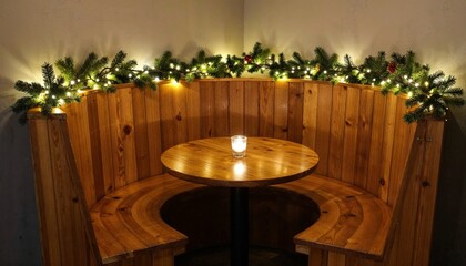 Cozy wooden seating area with Christmas decorations and lights  