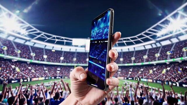 Exciting football match experience with smartphone in hand. Fans cheer passionately in stadium, capturing thrilling moments. Atmosphere is electric during intense game highlights.