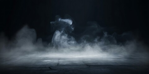 Ethereal white smoke billowing across a cracked concrete floor in darkness mist vapor