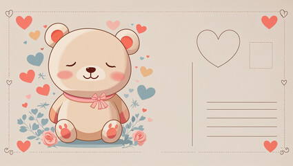 cute valentine&rsquo;s day postcard illustration featuring teddy bears surrounded by hearts in a soft pastel romantic style