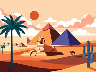 Flat design vector illustration of the famous Egyptian pyramids and Sphinx in a scenic desert landscape with a camel and palm tree © PDWN Creative
