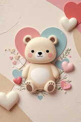 cute valentine&rsquo;s day postcard illustration featuring teddy bears surrounded by hearts in a soft pastel romantic style