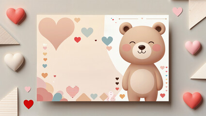 cute valentine&rsquo;s day postcard illustration featuring teddy bears surrounded by hearts in a soft pastel romantic style