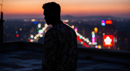Silhouette of a man standing on a rooftop at sunset overlooking a city skyline with blurred lights