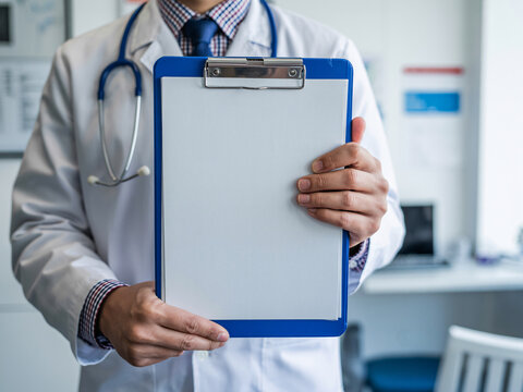 Doctor holding blank clipboard offering medical advice, perfect for healthcare ads, health awareness campaigns, and promoting medical services online - Powered by Adobe