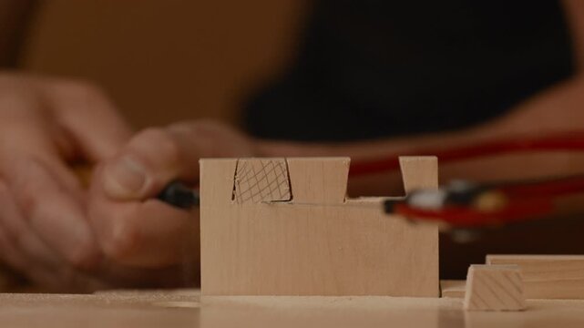 In a workshop setting, a person concentrates on hand sawing out a notch for a dove tail joint in a piece of wood, showcasing detailed craftsmanship.