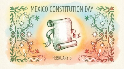 hand-drawn postcard template for mexico constitution day illustration template featuring scroll icon with decorative border in flag colours on soft gradient background with gentle glow