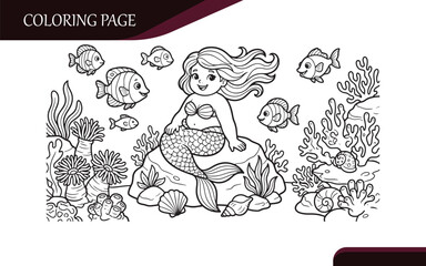 Cute Mermaid Coloring Page | Underwater Sea Life and Fish Printable