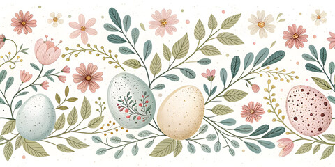 Easter eggs and floral branches watercolor seamless pattern