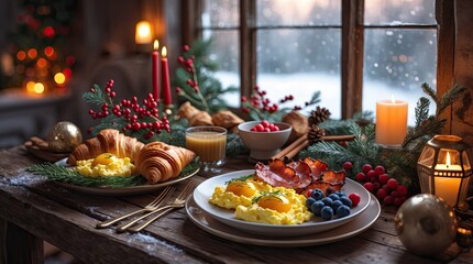 Fototapeta premium Cozy Christmas Holiday Breakfast Table by a Snowy Window