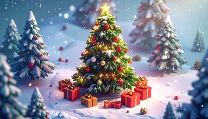 Christmas tree with presents in snowy landscape near pine trees during winter season