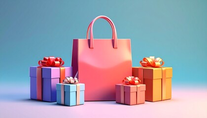 Colorful gift boxes and a shopping bag are arranged in a simple setup for a celebration or special occasion