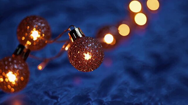 Elegant round string bulbs glowing gently in a beautiful winter scene