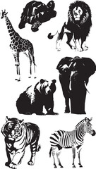Black Silhouette Collection of Wild Animals, featuring a Giraffe, Lion, Elephant, Tiger, Zebra, Bear, and Turtle, perfect for Safari and Zoo themed designs © amodha