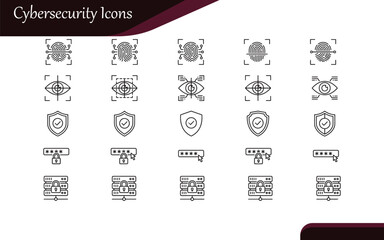 Cybersecurity & Data Protection Line Icons | Fingerprint, Shield, Password, Server Vector Set